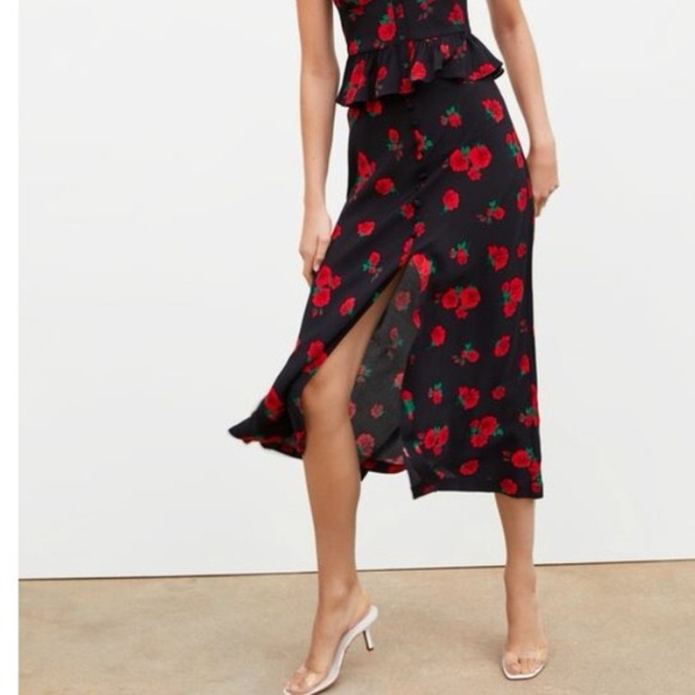 Zara Black Midi Skirt with Red Rose Pattern